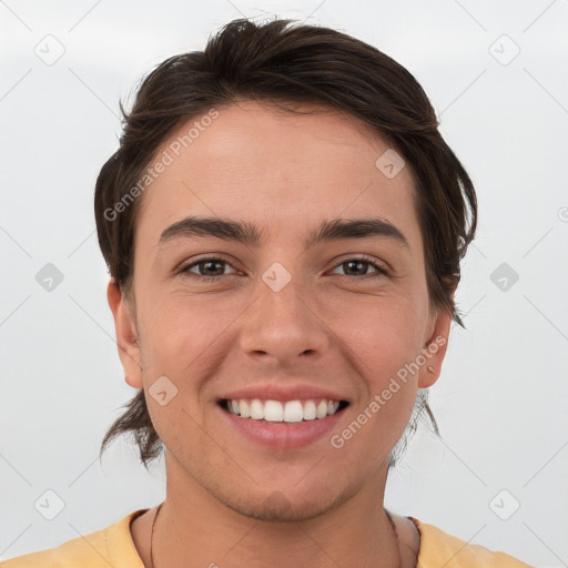 Joyful white young-adult female with short  brown hair and brown eyes