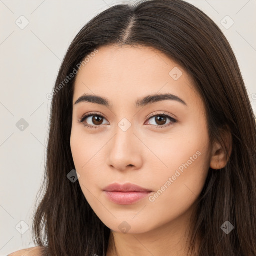 Neutral white young-adult female with long  brown hair and brown eyes