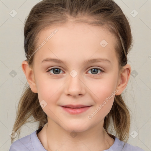 Joyful white child female with medium  brown hair and brown eyes