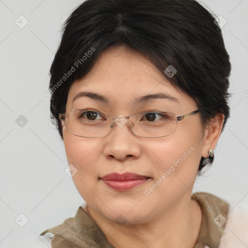 Joyful asian adult female with medium  brown hair and brown eyes