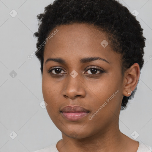 Neutral black young-adult female with short  black hair and brown eyes