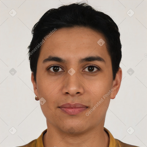 Joyful latino young-adult male with short  black hair and brown eyes