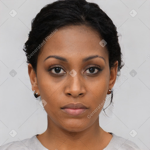 Neutral black young-adult female with short  black hair and brown eyes