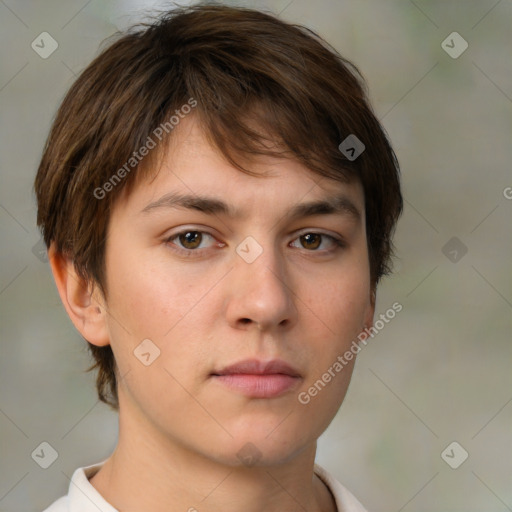 Neutral white young-adult female with short  brown hair and brown eyes