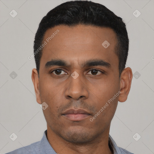 Neutral latino young-adult male with short  black hair and brown eyes