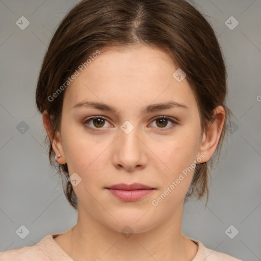 Neutral white young-adult female with medium  brown hair and brown eyes