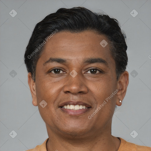 Joyful latino young-adult male with short  brown hair and brown eyes