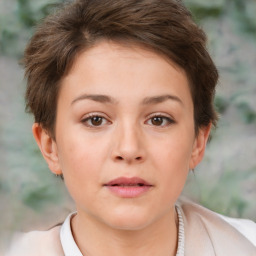 Neutral white young-adult female with short  brown hair and brown eyes