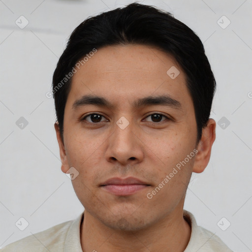 Neutral asian young-adult male with short  black hair and brown eyes