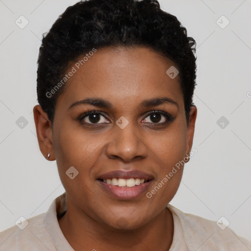 Joyful black young-adult female with short  brown hair and brown eyes