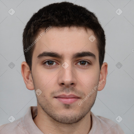 Neutral white young-adult male with short  brown hair and brown eyes