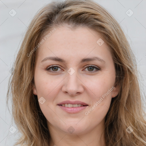 Joyful white young-adult female with long  brown hair and brown eyes