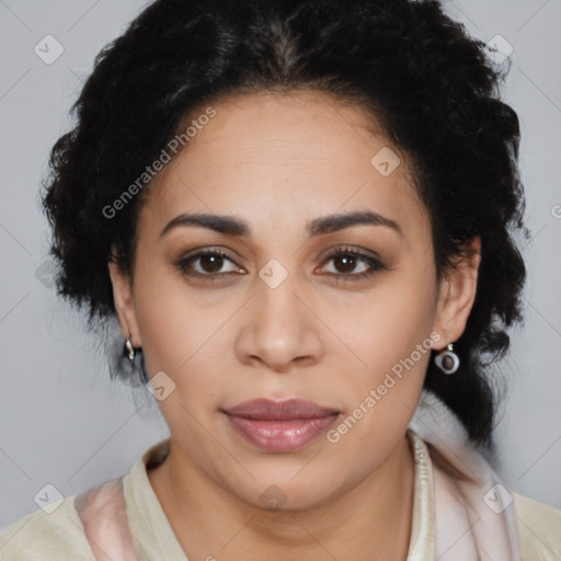 Joyful latino young-adult female with medium  black hair and brown eyes