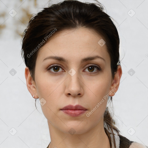 Neutral white young-adult female with short  brown hair and brown eyes