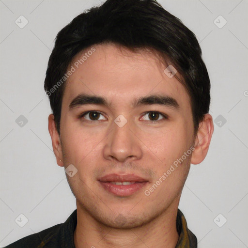 Joyful asian young-adult male with short  black hair and brown eyes