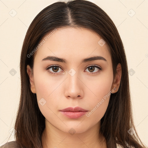 Neutral white young-adult female with long  brown hair and brown eyes