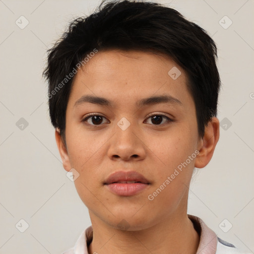 Neutral asian young-adult female with short  brown hair and brown eyes
