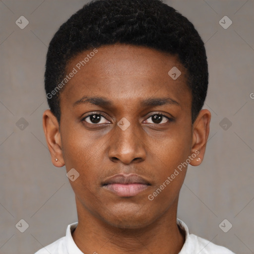 Neutral black young-adult male with short  black hair and brown eyes