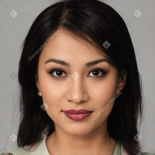 Joyful latino young-adult female with medium  black hair and brown eyes