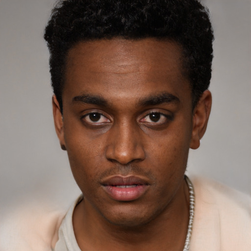 Neutral black young-adult male with short  black hair and brown eyes