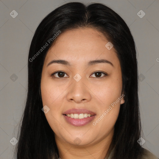 Joyful asian young-adult female with long  brown hair and brown eyes