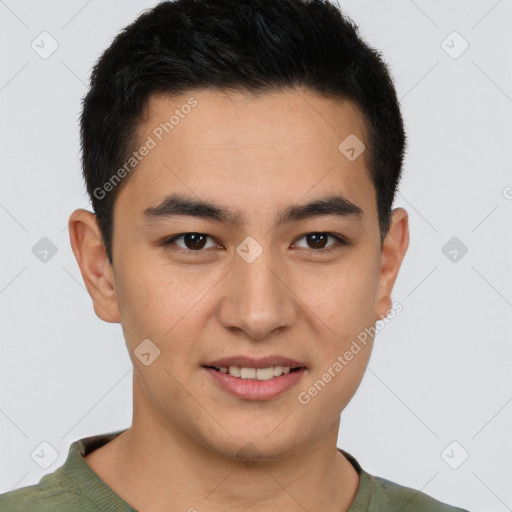 Joyful latino young-adult male with short  brown hair and brown eyes