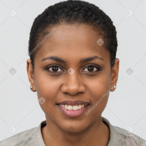 Joyful black young-adult female with short  black hair and brown eyes