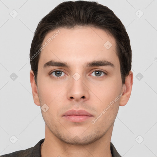 Neutral white young-adult male with short  brown hair and brown eyes