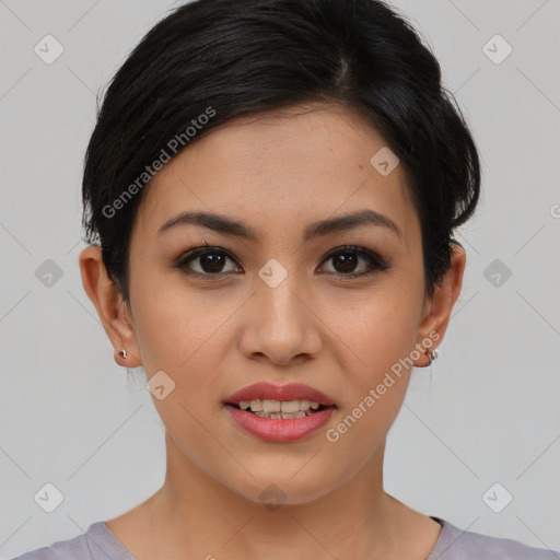 Joyful asian young-adult female with short  brown hair and brown eyes