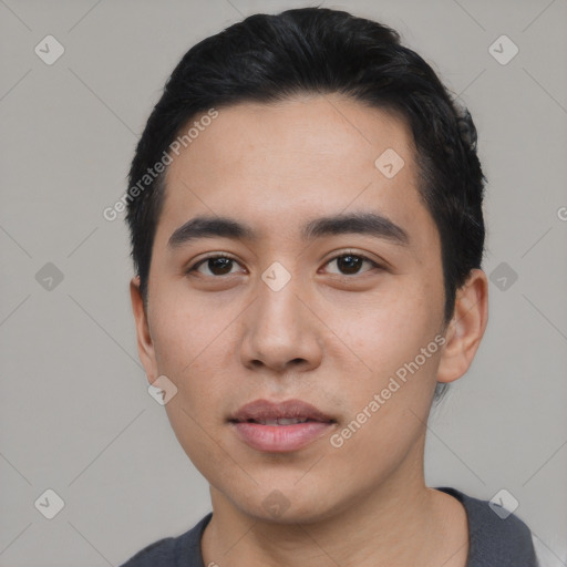 Neutral asian young-adult male with short  black hair and brown eyes