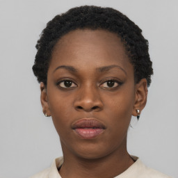 Neutral black young-adult female with short  black hair and brown eyes