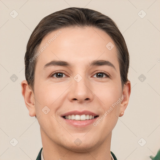 Joyful white young-adult male with short  brown hair and brown eyes