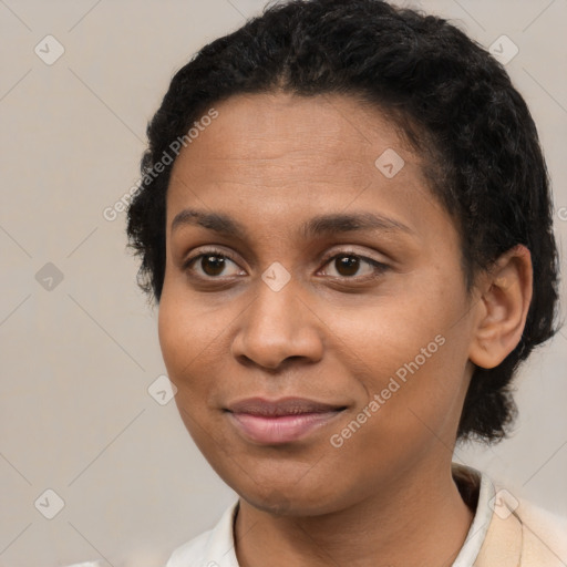 Joyful latino young-adult female with short  brown hair and brown eyes