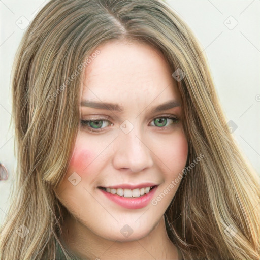 Joyful white young-adult female with long  brown hair and green eyes