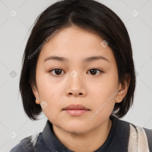 Neutral asian young-adult female with medium  brown hair and brown eyes