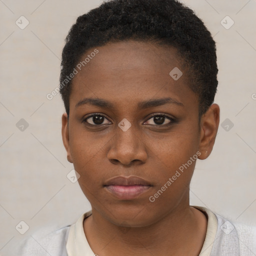 Neutral black young-adult female with short  brown hair and brown eyes