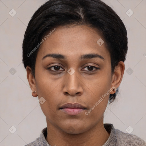 Neutral asian young-adult female with short  black hair and brown eyes