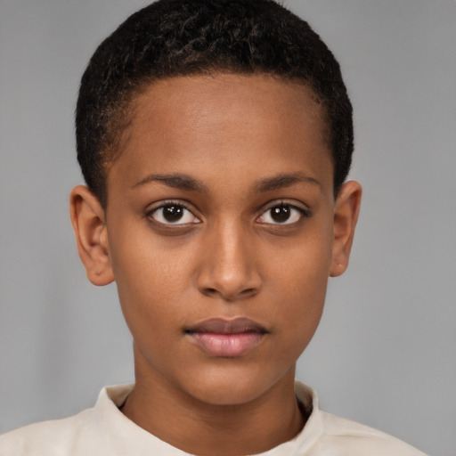 Neutral black young-adult female with short  brown hair and brown eyes