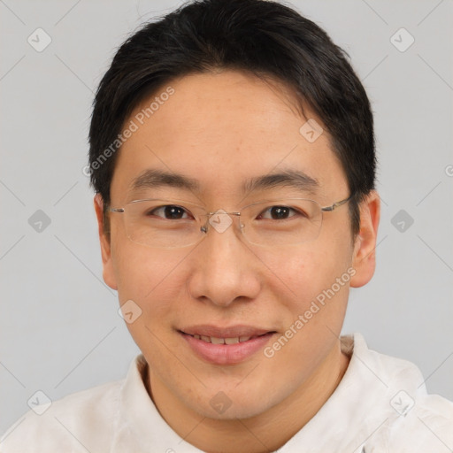 Joyful white adult male with short  brown hair and brown eyes