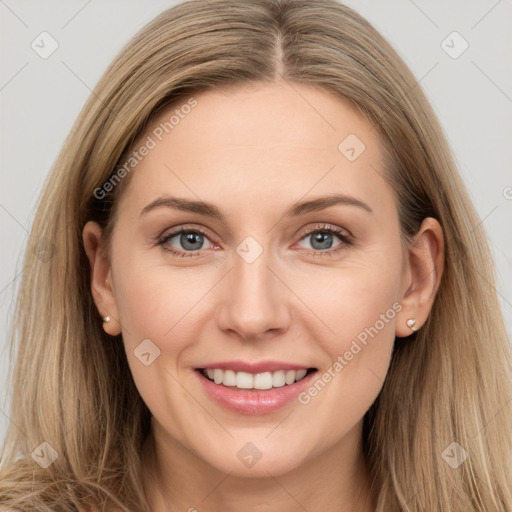 Joyful white young-adult female with long  brown hair and grey eyes