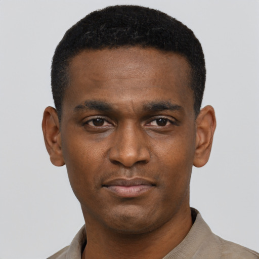Neutral black young-adult male with short  black hair and brown eyes