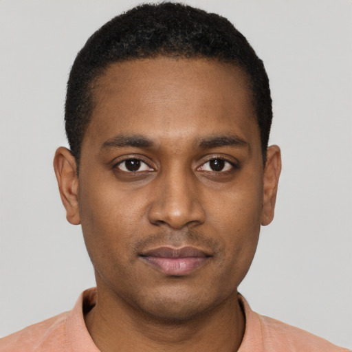 Neutral black young-adult male with short  black hair and brown eyes