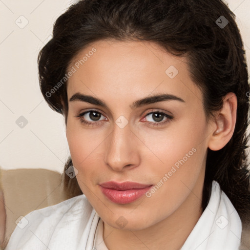 Neutral white young-adult female with medium  brown hair and brown eyes