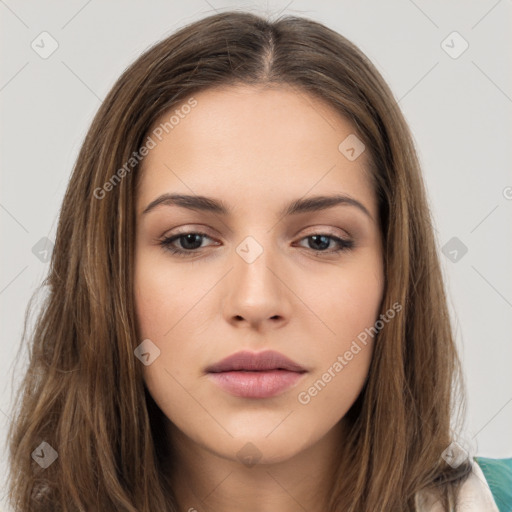 Neutral white young-adult female with long  brown hair and brown eyes