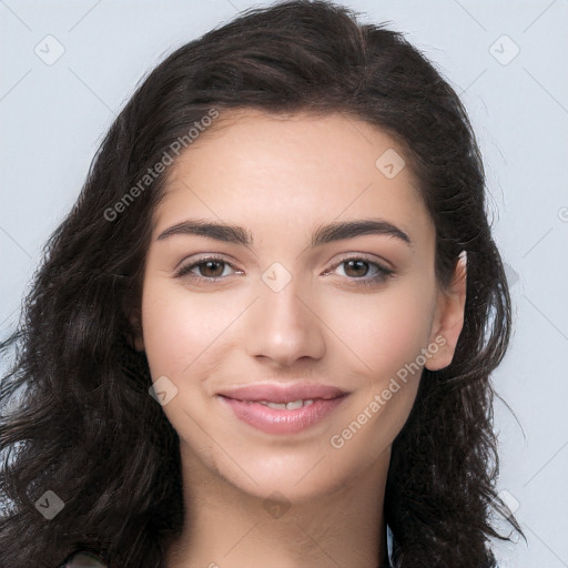 Joyful white young-adult female with long  black hair and brown eyes