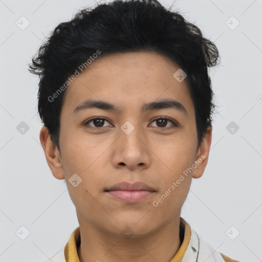 Neutral asian young-adult male with short  black hair and brown eyes