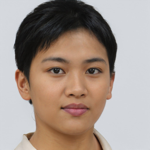 Neutral asian young-adult female with short  brown hair and brown eyes