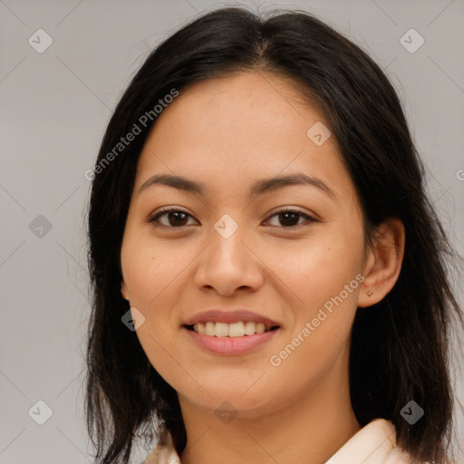 Joyful white young-adult female with long  brown hair and brown eyes