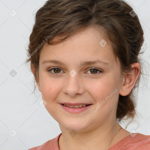 Joyful white child female with medium  brown hair and brown eyes