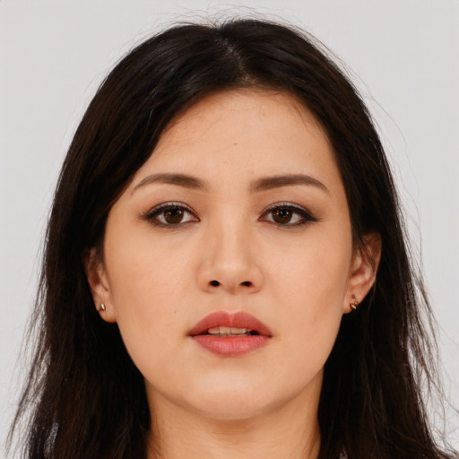Neutral asian young-adult female with long  brown hair and brown eyes